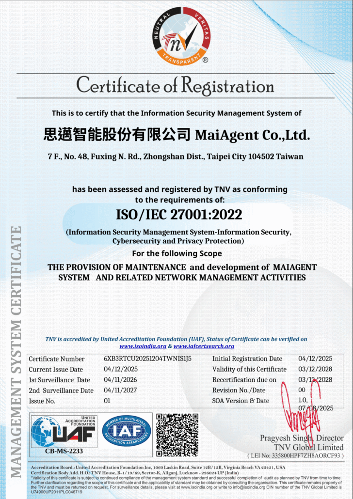 MaiAgent_ISO27001證書