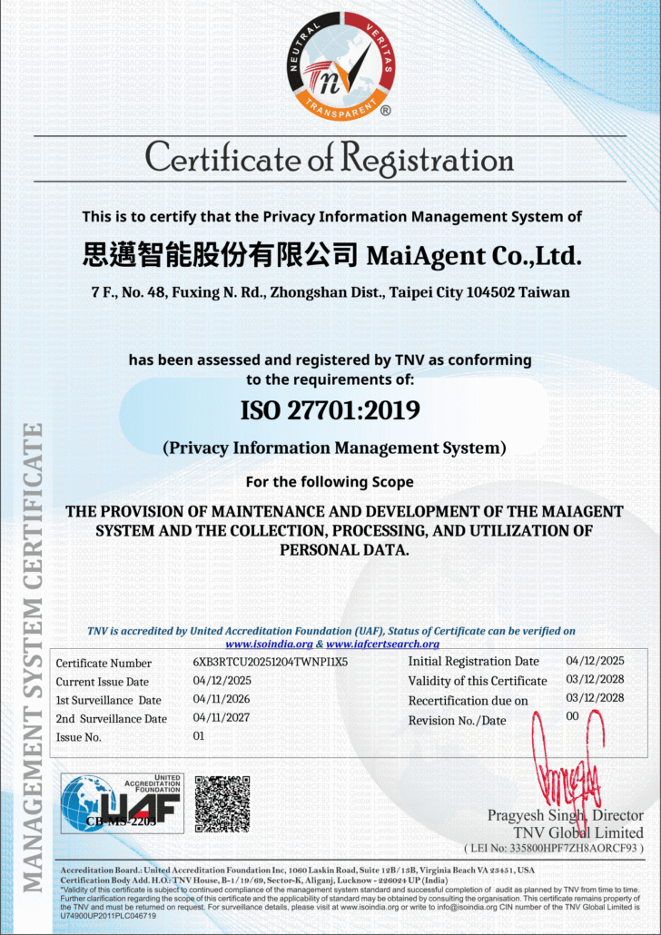 MaiAgent＿ISO27701證書